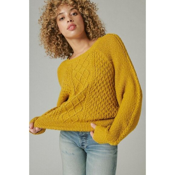 Lucky Brand Cable Crew Sweater in Mustard Yellow Y2K Retro Academia‎ Size XS - Picture 1 of 11